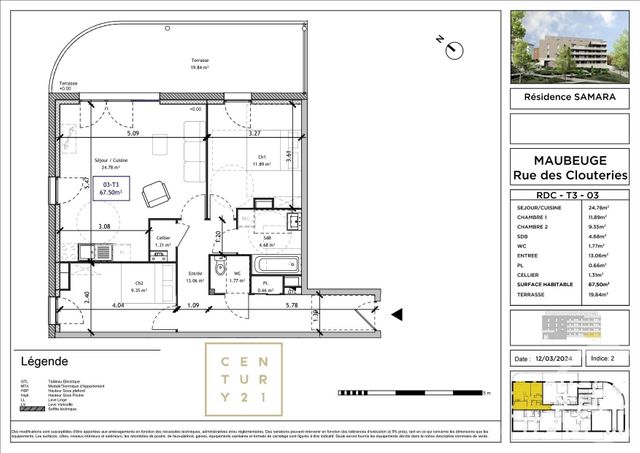 Appartement T3 à vendre - 3 pièces - 66.84 m2 - MAUBEUGE - 59 - NORD-PAS-DE-CALAIS - Century 21 Art-Immo