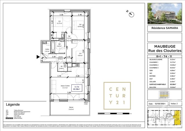 Appartement T4 à vendre - 4 pièces - 83.58 m2 - MAUBEUGE - 59 - NORD-PAS-DE-CALAIS - Century 21 Art-Immo